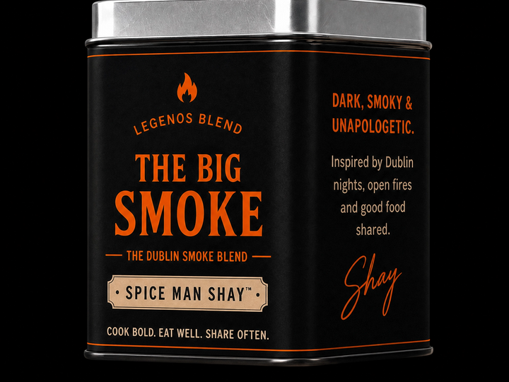 Black tin of The Big Smoke Dublin smoke blend BBQ seasoning by Spice Man Shay