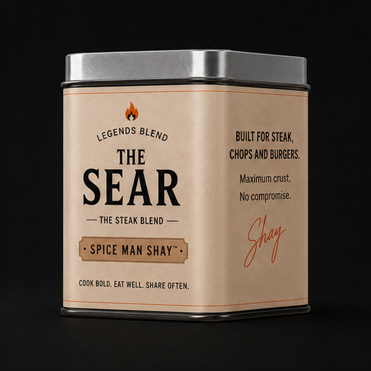 Tin of The Sear steak seasoning blend by Spice Man Shay