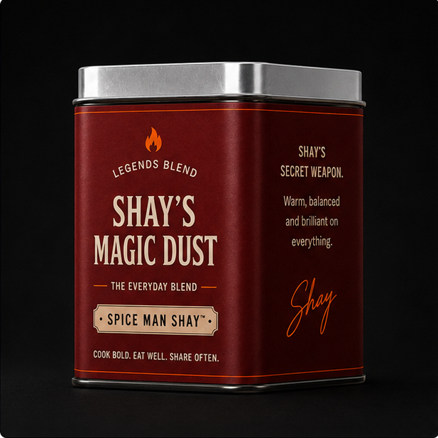 Tin of Shay's Magic Dust everyday seasoning blend by Spice Man Shay